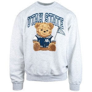 Utah State Teddy Bear in Varsity Jacket Unisex Crew Sweatshirt Gray